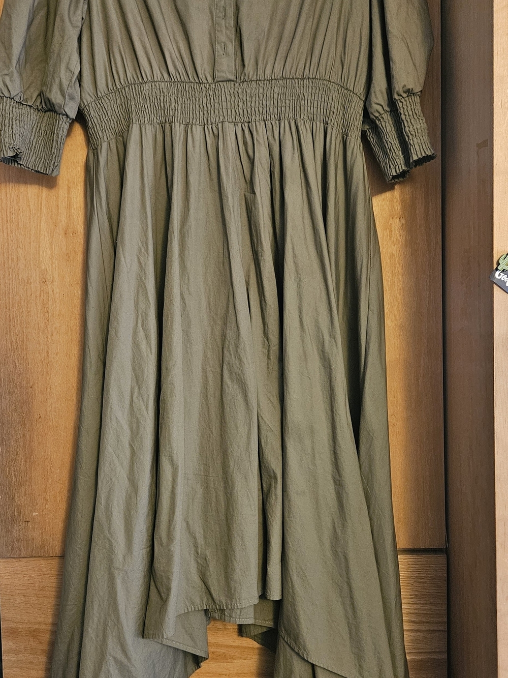 Olive Green Smocked Waist Midi Handkerchief Hem  Dress
